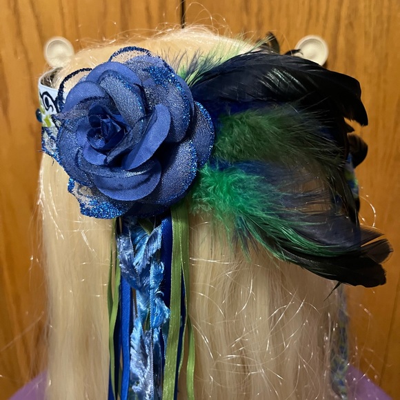 Blue Floral Headband with Feathers